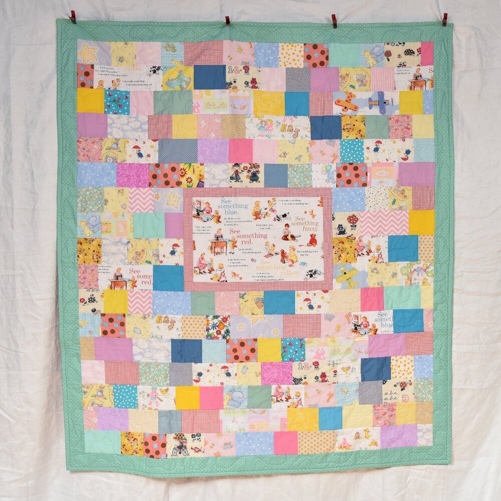 New handmade baby toddler crib quilt Dick Jane reading patchwork "I Spy" flannel